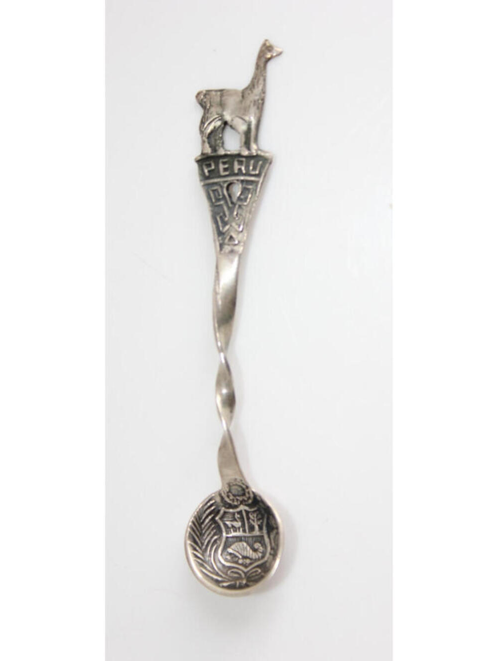 Peru Coat Of Arms Salt Spoon Bowl Twisted Handle Llama Top Marked 925